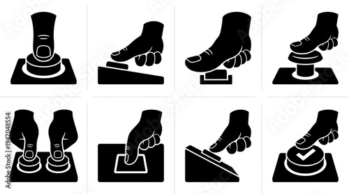 Collection of black and white icons illustrating various ways of pressing buttons and pedals with hands and feet.