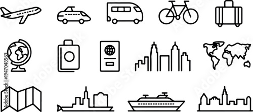 Travel and transportation icons set airplane car bus bicycle suitcase globe passport city