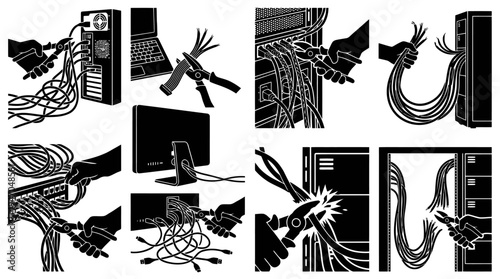 Illustrations of hands cutting and managing cables connected to computers, monitors, and server racks, demonstrating various actions related to cable organization and disconnection.