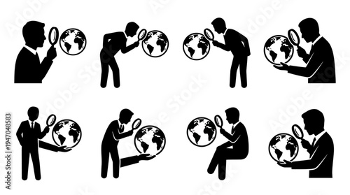 Silhouettes of people examining a globe with a magnifying glass, representing global search and analysis.
