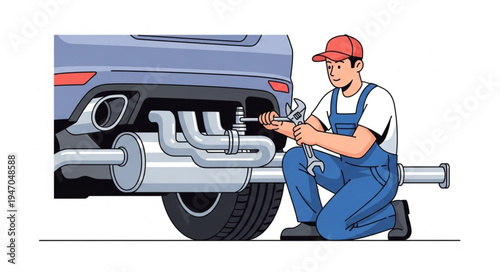 Mechanic fixing car exhaust pipe.