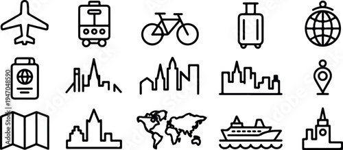 Travel icons collection airplane suitcase bicycle globe passport city map boat ship