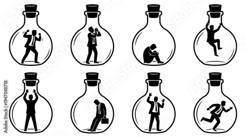 Eight black silhouettes of businessmen trapped inside corked glass bottles, each expressing different emotions of confinement and struggle.