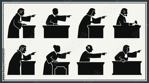 Silhouettes of judges and lawyers pointing, representing legal proceedings and judgment.