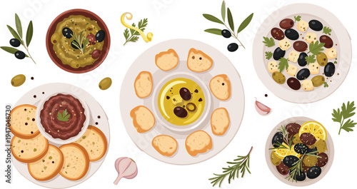 Mediterranean Appetizer Set with Hummus, Olive Oil, Tapenade, Bread, and Olive Salads Traditional Cuisine