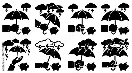A collection of black and white icons depicting hands holding umbrellas over piggy banks during a storm, symbolizing financial protection and risk management.