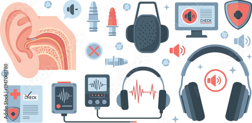 Hearing Test and Audiology Equipment Set with Ear Anatomy, Headphones, Hearing Aid, and Sound Diagnostics