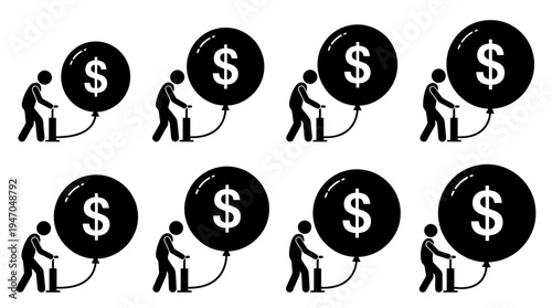 Stick figures pumping up dollar sign balloons, representing economic inflation or growth.