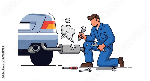 Mechanic fixing car exhaust pipe.