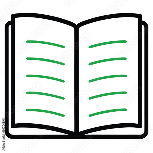 Open book with green lines on white pages symbol for reading web icons