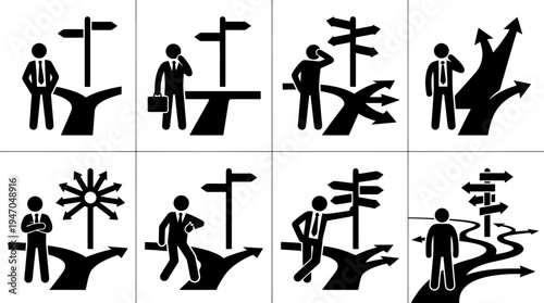 A set of stick figures illustrating various scenarios of people facing choices, decisions, and confusion at multiple crossroads and directional signs.