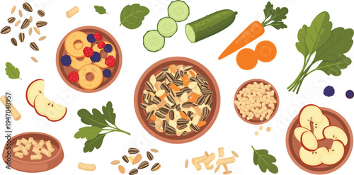 Healthy Bird Food Mix with Seeds, Grains, Fruits, and Vegetables for Pet Birds Nutrition Illustration