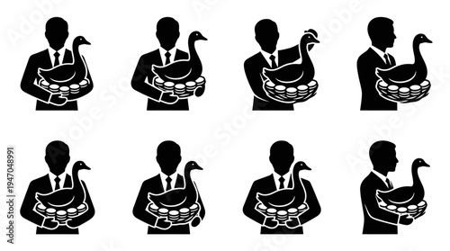 A man in a suit holding a goose in a basket of eggs, depicted in various black silhouette poses.