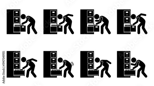 A collection of eight black and white icons depicting various configurations of cryptocurrency mining rigs or server racks.