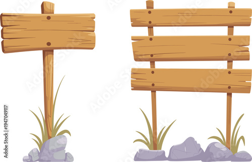Wooden signpost collection, rustic blank timber boards with grass and stones vector for outdoor signage