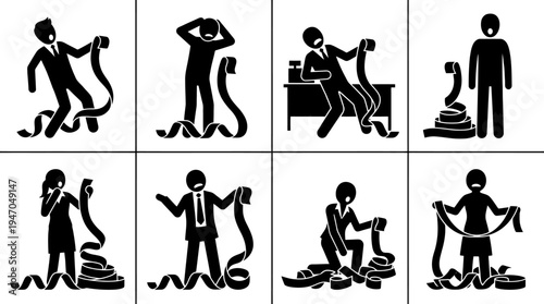 A collection of eight black and white icons depicting various configurations of cryptocurrency mining rigs or server racks.