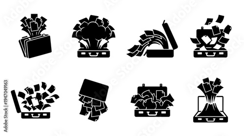 A collection of eight black and white icons depicting various configurations of cryptocurrency mining rigs or server racks.