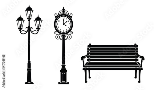 A black silhouette collection of a vintage street lamp, a decorative clock post and a wooden bench