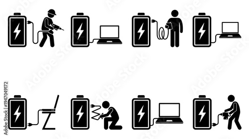 A collection of eight black and white icons depicting various configurations of cryptocurrency mining rigs or server racks.