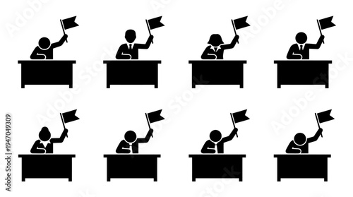 A collection of eight black and white icons depicting various configurations of cryptocurrency mining rigs or server racks.