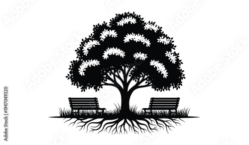 A detailed black and white illustration of a large leafy tree with two benches at the base roots