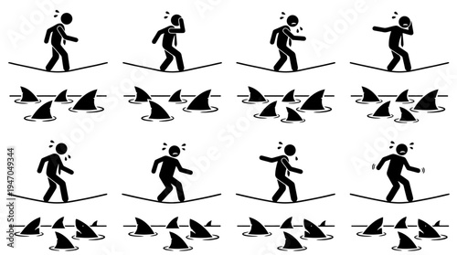 A collection of eight black and white icons depicting various configurations of cryptocurrency mining rigs or server racks.