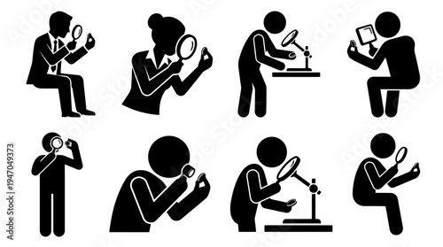 A collection of eight black and white icons depicting various configurations of cryptocurrency mining rigs or server racks.