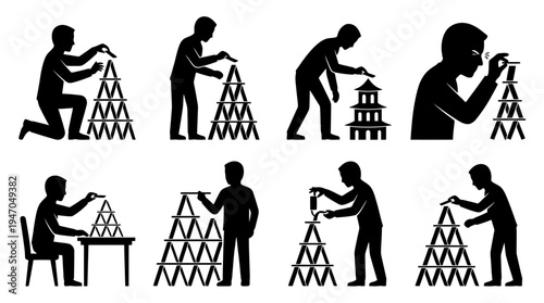 A collection of eight black and white icons depicting various configurations of cryptocurrency mining rigs or server racks.