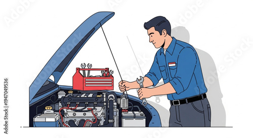 Mechanic checks car engine.