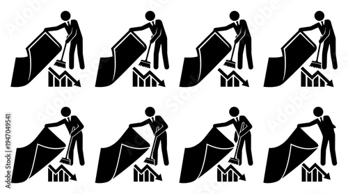 A collection of eight black and white icons depicting various configurations of cryptocurrency mining rigs or server racks.