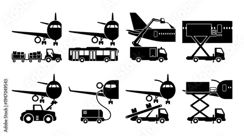 A collection of eight black and white icons depicting various configurations of cryptocurrency mining rigs or server racks.