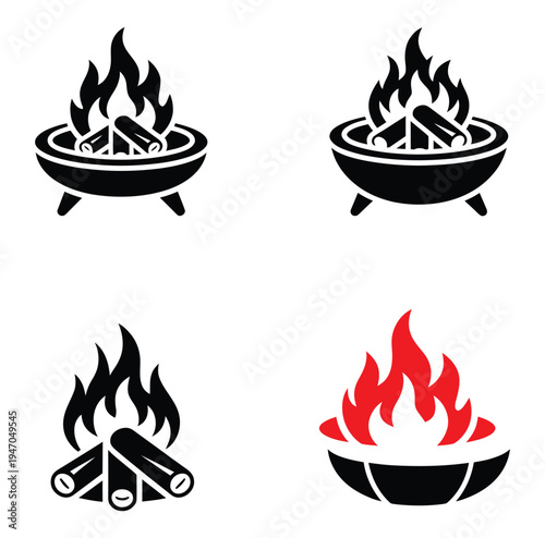 Campfire and Fire Pit Icon Set – Vector Black and White Illustration