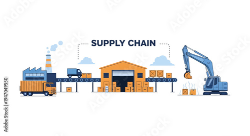 Supply Chain Management Illustration: Factory, Warehouse, Logistics & Distribution Process with Trucks and Excavator