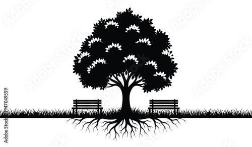 A detailed black and white illustration of a large deciduous tree with two benches and roots