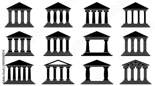 A collection of eight black and white icons depicting various configurations of cryptocurrency mining rigs or server racks.