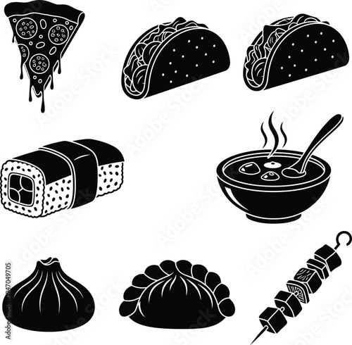 Silhouette of various international foods