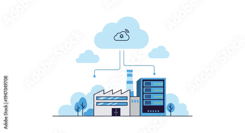 Cloud Computing Integration for Smart Factory and Data Center Infrastructure. Industrial IoT and Digital Transformation Concept Illustration.