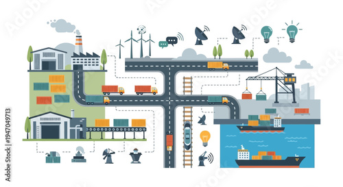 Complex Logistics & Supply Chain Network Illustration. Global Transportation, Manufacturing, Warehousing, and Digital Integration of Goods.