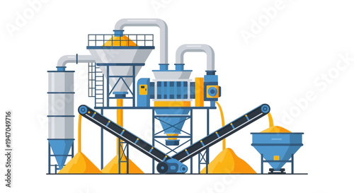Industrial Processing Plant Illustration: Automated Bulk Material Handling System with Conveyor Belts, Hoppers, and Silos for Production