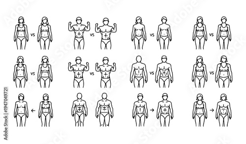 Male and female body shape outline icon set thin line editable stroke icons for fitness weight anatomy and body types