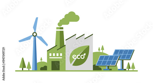 Sustainable Power Plant: Eco Factory with Green Energy Production from Wind Turbine & Solar Panels