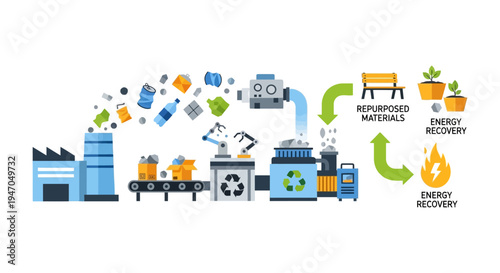 Circular Economy: Waste Recycling, Repurposed Materials & Energy Recovery Process. Sustainable Resource Management Infographic.