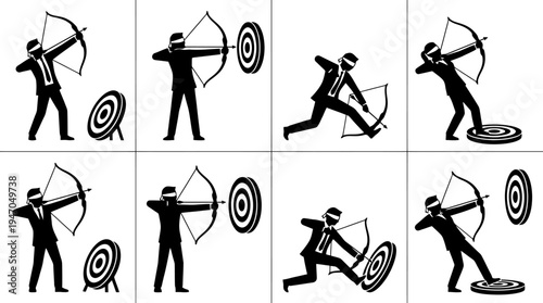 A collection of eight black and white icons depicting various configurations of cryptocurrency mining rigs or server racks.