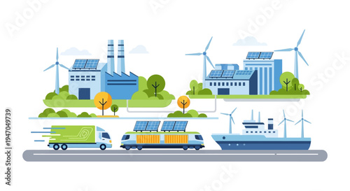 Sustainable Green Logistics & Renewable Energy Network. Eco-Friendly Supply Chain Powered by Solar, Wind, and Smart Industrial Transport.