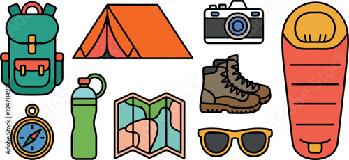 Camping and hiking equipment set for outdoor adventure vacation and travel