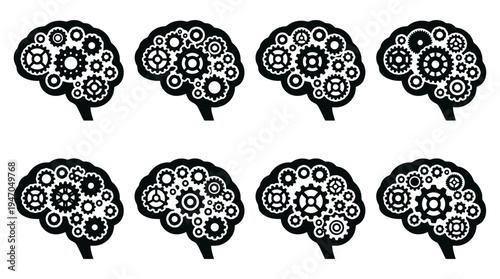 A collection of eight black and white icons depicting various configurations of cryptocurrency mining rigs or server racks.