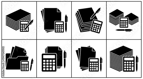 A collection of eight black and white icons depicting various configurations of cryptocurrency mining rigs or server racks.