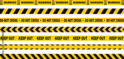 Creative vector illustration of black and yellow police stripe border. Set of danger caution seamless tapes. Art design line of crime places. Construction sign. Abstract concept graphic element. 