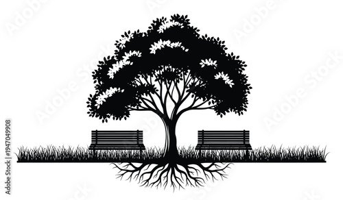 A black and white graphic illustration featuring a large deciduous tree flanked by two park benches