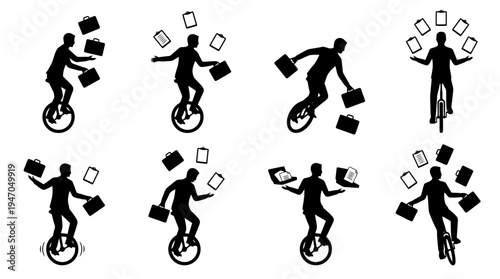 A collection of eight black and white icons depicting various configurations of cryptocurrency mining rigs or server racks.